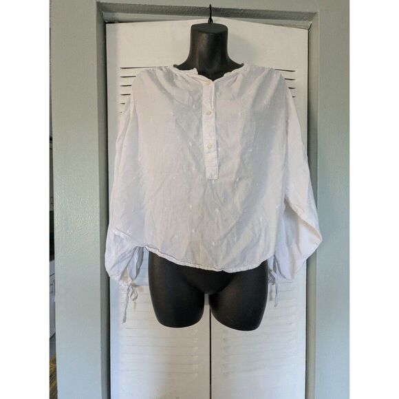 White Swiss Dot Henley 100% Cotton Long Puff Sleeve S Crop Curved Hem Cottagecor - Picture 2 of 9